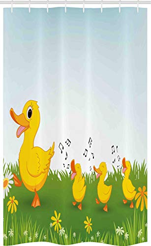 ABAKUHAUS Tier Schmaler Duschvorhang, Mutter Ente und Babys, Badezimmer Deko Set aus Stoff mit Haken, 120 x 180 cm, Senf und Blassblau