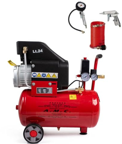 AMC Compressore ad aria da 25 litri pressione 8 bar elettrico coassiale 2 Hp incluso Kit Accessori salva spazio motore potente termicamente silenziato protetto con Carcassa esterna in alluminio