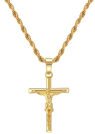 HELLOICE Crucifix Cross Necklace 18K Gold Plated Cross Pendant with 3mm 22 Rope Chain for Men Women (Crucifix Cross)