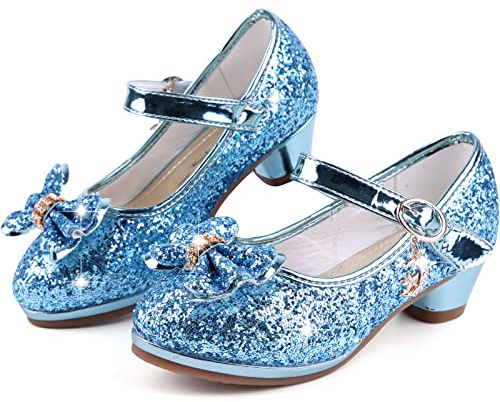 KUWIBY Girls Princess High Heel Sandals,Bowknot Sequin Dress Shoes Blue