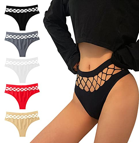 KOEMCY 5 Pièces String pour Femme Sexy Mesh Culottes T Back String Culotte sans Couture Taille Haute Tangas Slips (XXL)