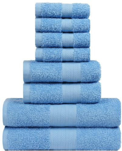 runico Juego de Toallas de algodón 100%, 8 Piezas, 2 Toallas Grandes, 2 Toallas de Mano, 4 paños de Lavado, Ideal para baño, Gimnasio, Hotel y SPA. Muy Absorbente Azul