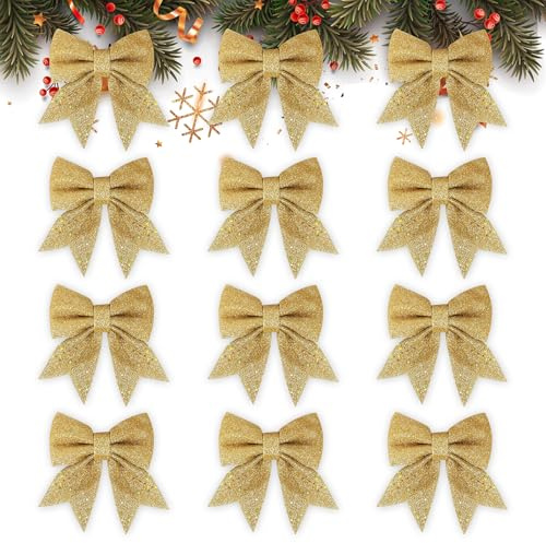 GXFCING 12pcs Lazos Grandes para Árbol de Navidad Dorados 15 x 12cm Lazos Navidad con Purpurina para Adornos Navideños Decoración