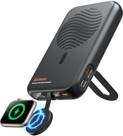 Galeces 10000mAh Magnetische Powerbank,20W PD Schnelles Laden mit LED-Display,Wireless PowerBank mit i-Watch Ladegerät,Faltbarer Akkupack mit Ständer für iPhone 16/15/14/13/12/Apple Watch,schwarz