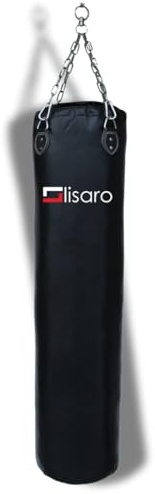 Lisaro Sac de frappe professionnel de 150 cm - Convient pour tous les sports - Environ 40 kg - Rempli / non rempli - Avec chaîne en acier à quatre points - Matériau : cuir synthétique (vinyle