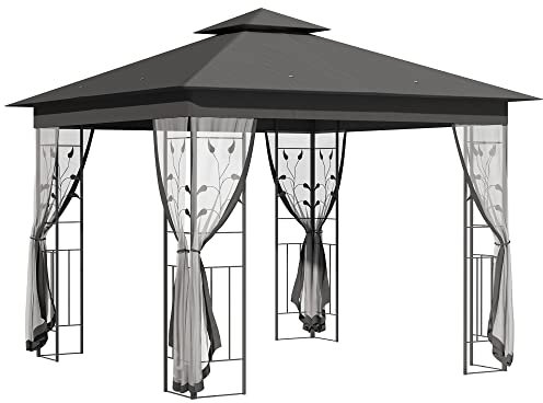Outsunny 3(m) x 3(m) Garden Gazebo, Double Roof Outdoor Gazebo Canopy Shelter with Netting, Solid Steel Frame, for Garden, Lawn and Deck, Grey