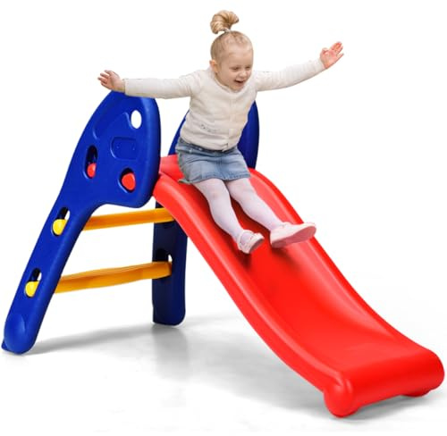 KOTEK Folding Toddler Slide for Indoor and Outdoor, Freestanding Plastic Baby Slide Climber Playset, Easy to Store, Anti-Slip Steps, Kids Playground Toy Ages 3-5 (Dark Blue)