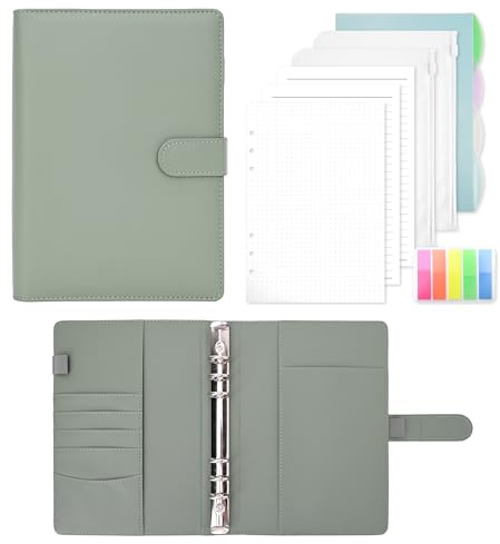 Ringbuch A5 Nachfüllbar, Leder Notizbuch Binder Mit 135 Blätter A5 Nachfüllpapier Und Bindertaschen Für Schulnotizen Reisetagebücher und Organizer(Grün)