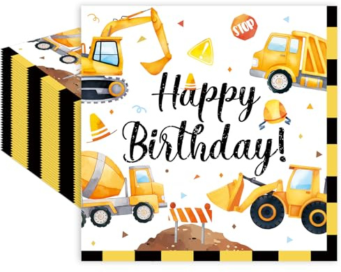 50 Count Construction Birthday Napkins – 13 x 13 Inch 2-Ply Disposable Lunch Napkins with Excavator, Truck, and Cement Mixer Designs for Kids’ Birthday Parties and Construction-Themed Events