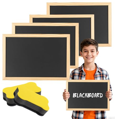 RNPKZ Kreidetafel mit Holzrahmen Set, 4 Stück A4 Kreidetafel mit 2 Schwamm, 20x30 cm Schiefertafel zum Beschriften aus Holz, Kleine Blackboard für Kinder, Kreiden Tafel für Restaurants, Schulen,Partys