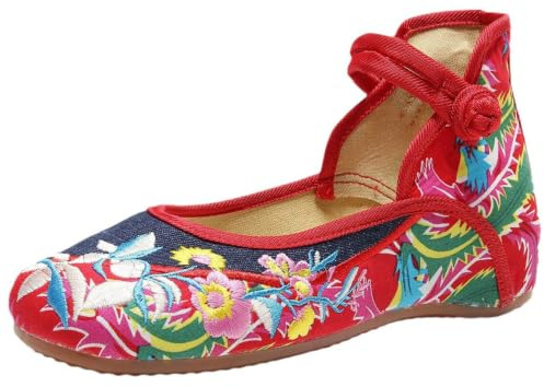 Maimeili kvinnors kinesiska broderade blommiga kilskor asiatisk traditionell Mary Jane Brida balett yoga kanvas skor gummisula, Tygmönster, 37.5 EU