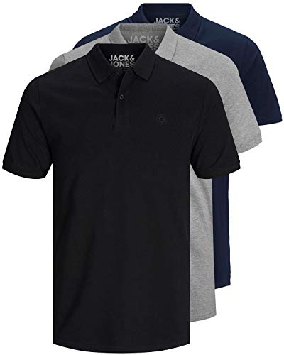 JACK & JONES 12171776 Lot de 3 polos pour homme, coupe slim, manches courtes, Noir/blanc/bleu/gris, XS S M L XL XXL, L