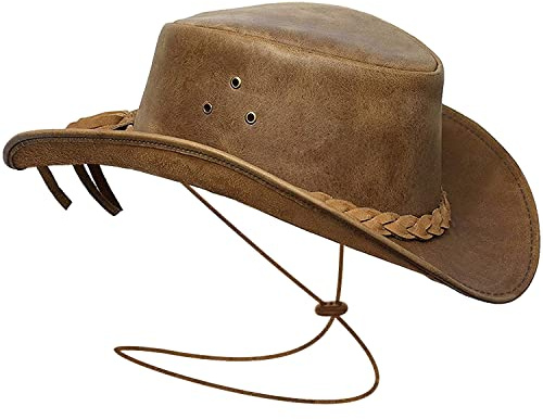 BRANDSLOCK Cappello da Cowboy in Pelle Uomo e Donna, Leggero, Artigianale, Stile Western, Modellabile, a Tesa Larga, Resistente, Stile Cowgirl/Outback (IT, Testo, XXL, Standard, Abbronzatura)