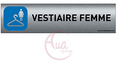 AUA SIGNALETIQUE - Plaque de porte Aluminium brossé imprimé AluSign - 200x50 mm - Double Face adhésif au dos - Impression UV directement sur l'aluminium (Pas de contre collage) (Vestiaire Femme)