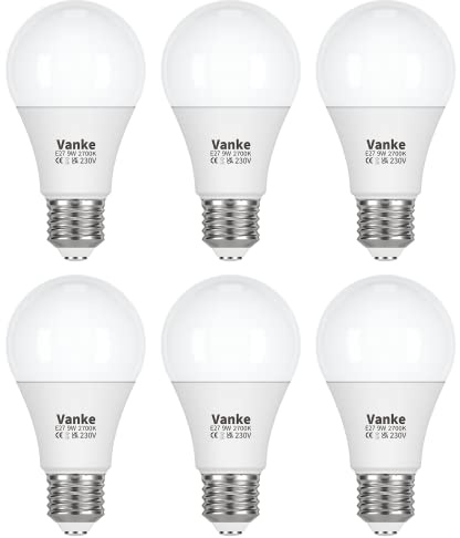 Vanke E27 Screw Bulb, 9W(60W Equivalent), Warm White 2700K, Pack of 6 | ES A60 LED Bulbs, Large Screw in Light Bulb, 806 Lumen, Save 85% Energy, Non-Dimmable