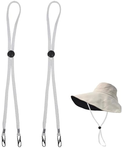 Cyrank Corde Coupe-Vent 2 pièces pour Chapeau, Sangle de Chapeau réglable Flexible Amovible Coupe-Vent Chapeau mentonnière Sangle Anti-Perte avec Clips Chapeau mentonnière(Blanche)