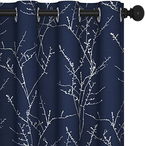 Deconovo Thermal Blackout Curtains Eyelet, Silver Tree Branches Printed Noice Reducing Curtains for Kids Bedroom, Navy Blue, 66 x 54 Inch (Width x Length), 2 Panels