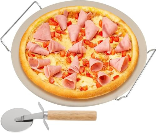 FUNSUEI Pietra per pizza da 33 cm, con supporto in metallo e tagliapizza, piatti in pietra da forno per cuocere il pane