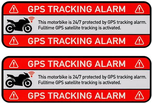 Set di adesivi ALLARME RILEVAMENTO GPS MOTO!, 2 pz, 67 x 21 mm, pellicola autoadesiva, per esterni, adesivo di avvertimento per moto per esterni, protezione antifurto per ciclomotori