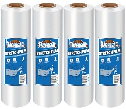TAPEBEAR Film Étirable Transparent 38cm x 230M Résistance Industrielle | Palette Wrap Pellicule Plastique, Film Rétractable pour Emballage Le Déménagement et L'expédition, Lot de 4