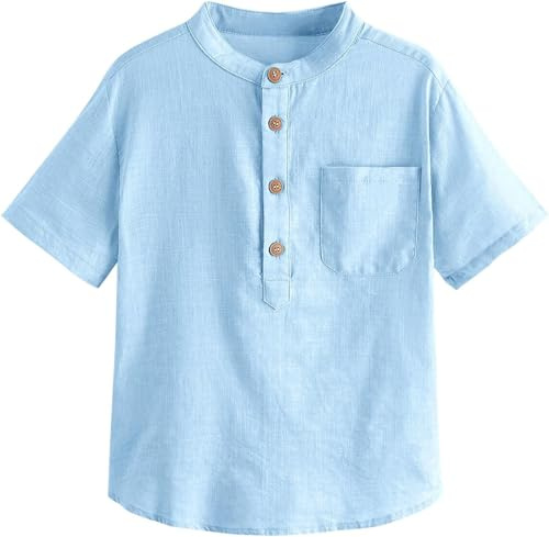 Haloumoning Henley Chemise Garçon Lin Manches Courtes Été Couleur Unie Regular Fit Casual Loisirs Chemise De Fête Enfants (3-14 Ans), kl-bleu, 160 cm