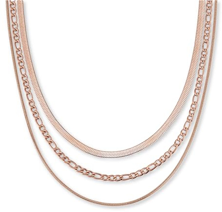 3 st rostfritt stål halsband för damer i roséguld - Vattentätt halsbandsset i 18K roséguld | Roséguldfärgat lager-på-lager-halsband - Ormhalsband (2mm, 4mm), Figarohalsband (4mm)