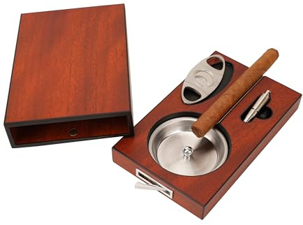 Juego de cenicero portátil para cigarros, cortador de cigarros de guillotina, perforador de 7 mm y soporte para cigarros, cama, caja de cajón deslizante de madera de sapele premium con Ashtra