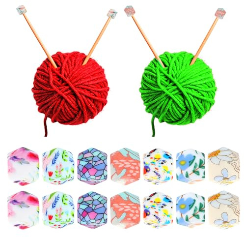 DOPENSPI 14 stycken maskstopp för sticknålar, 14 mm, silikon, sexkantiga | Sticknålstopp, blommönster, nålspetsskydd, sticknål, stopp, färgglatt stickspetsskydd för nålar i storlekarna 3–9 mm
