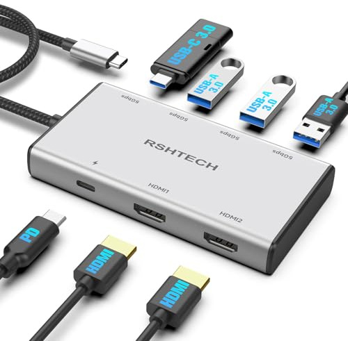 RSHTECH Adaptador multipuerto USB C 7 en 1 con HDMI 2 x 4K a 60 Hz, puertos de datos USB-3.0 (3A+1C), PD de 100 W, estación de acoplamiento USB-C de aluminio, monitor dual para portátiles y MacBook