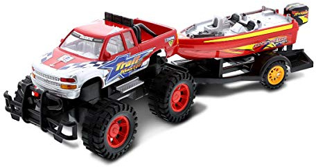 Mozlly Monster Truck Toys Set with Trailer Toy Boat - Friction Powered Hauling Truck and Trailer Toy, Big Toy Monster Truck with Boat, Adventure Truck Pulling Boat Toy Monster Trucks for Kids - 9 Inch