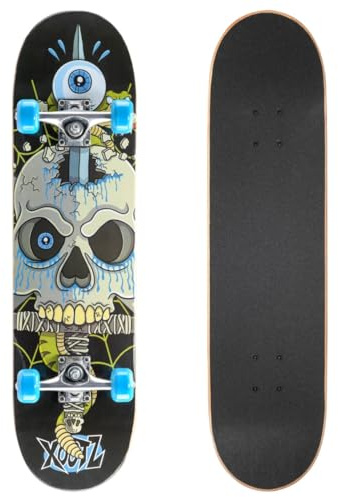 Xootz Kids Complete Beginners Double Kick Trick Skateboard Maple Deck - 31 x 8 Inches, Snake Skull, TY5844