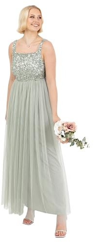 Maya Deluxe Damen Maxikleid Mit Breiten Trägern, Ärmellos, Quadratischer Ausschnitt, Verziert Für Hochzeit, Gast, Abschlussball Bridesmaid Dress, Green Lily, 40 EU