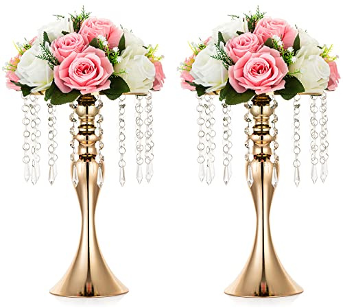 Nuptio 2 Pcs Versatile Metal Flower Arrangement Stand, 13.8in/35cm Height Elegant Wedding Centerpieces Flower Vase, Crystal Flower Stand for Wedding Party Dinner Event Restaurant Hotel Decoration