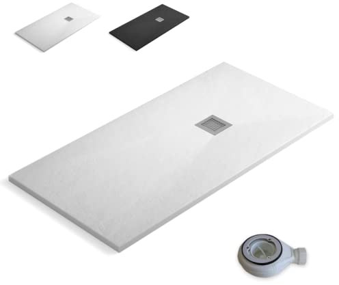 Plato de ducha Stone Coat - Carga Mineral con Resina recubierto de Gel Coat Válvula y Rejilla incluido. (90 x 100, Blanco)