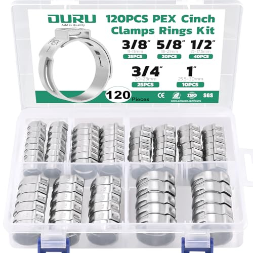 OURU 120PCS Pex Crimp Rings Assortment,304 Stainless Steel Pex Clamps 3/8,1/2,3/4,5/8,1 Single Ear Hose Clamps,Pex Cinch Clamps for Pex Fittings Pipe Tubing