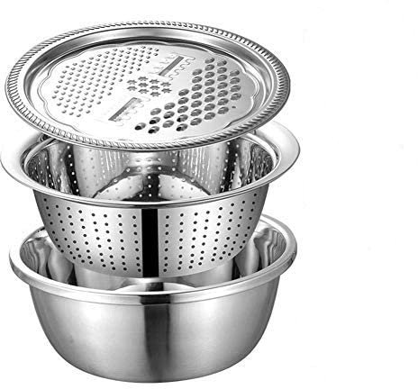 None Brand Multifunctional Stainless Steel Basin with Grater Vegetable Cutter with Drain Basket, Multifunktionales Edelstahlbecken Set-Haushaltsküchenreibe Becken-Sieb mit Schüssel (28CM)