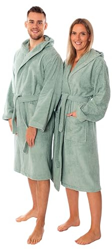 Lavea® Morgonrock för herrar och damer i 100% bomull – Mjuk badrock med huva, unisex, perfekt för bastu och hemmet – Storlek M – Eukalyptus