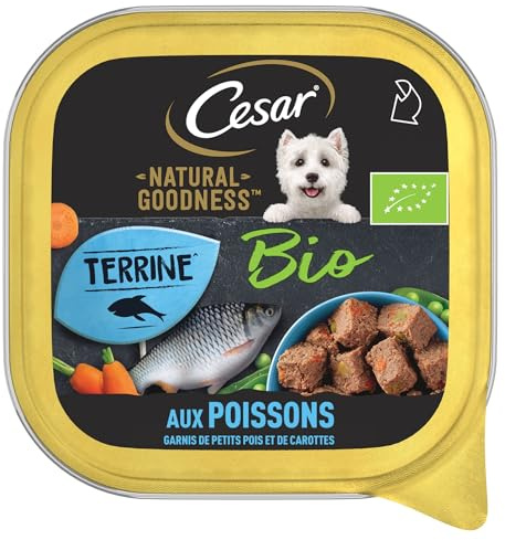 Cesar Barquettes Natural Goodness Bio Terrine – Nourriture Humide pour Chien – aux Poissons Garnis de Petits Pois et de Carottes – Lot de 16 barquettes x 100 g