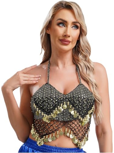 LiiYii Femme Débardeur Danse Orientale Soutiens-Gorge Danse du Ventre Spectacle Halter Top Haut Danse Latine Tango Samba Salsa Clubwear Or Noir Taille Unique