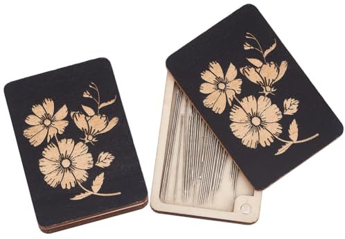 AHANDMAKER 2 scatole in legno per aghi da cucito, organizer per spilli da cucito, con stampa floreale, per trapunte, fognature, sarti, colore nero, 8 x 4 x 0,4 cm