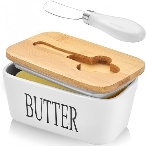 Porcelain Butter Dish with Knife & Wooden Lid, Airtight Butter Dish Butter Holder with Covers, Butter Box for Butter, Nuts, Cheese