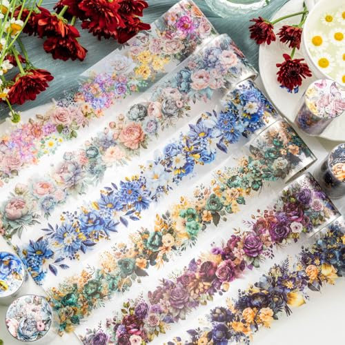 KBIBCK 6 Rollen Scrapbook Stickers, Transparent Sticker für Scrapbooking, Dekorative Bänder für Kunst, Washi Tape Set, Blumen PET Wide Washi Tapes für Bullet Journaling Planners, DIY