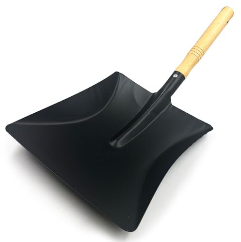 Coal Shovel Heavy Duty, Black Coated Metal, Smooth Wooden Handle for Fireplace Cleaning Coal Bunker, Removal of Coal Ash & Snow, Compatible with Stiff & Soft Hand Brushes, Fire Tools