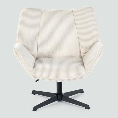 Meuble Cosy Fauteuil Salon Chaise Pivotant sur 360° pour Chambre Bureau Jambes Croisées avec Assise Épais Dossier Accoudoirs roulettes en Velours Côtelé Beige
