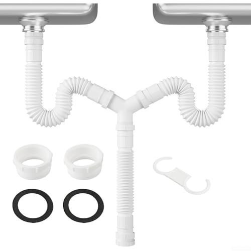 general Double Bowl Sink Waste Kit and Half Bowl Trap Kit - Multi-Fit 1.1/2 From 20cm To 80cm Double Bowl P Trap Kit with Washing Machine Waste Splitter, Sink Waste Kit BS EN Water Seal