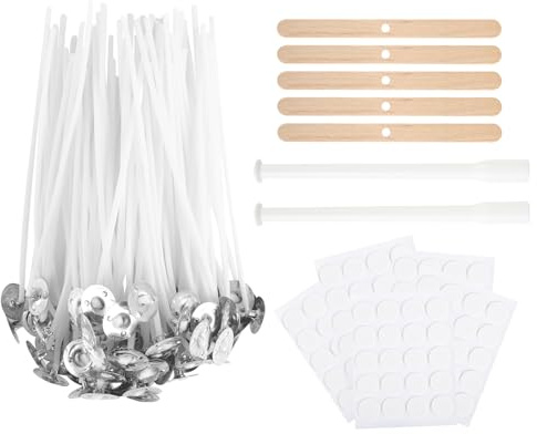 Set de Mechas para Velas 10CM – 100 Mechas de Algodón con 5 Soportes de Madera, 2 Tubos para Mecha y 100 Puntos Adhesivos para Hacer Velas DIY en Casa