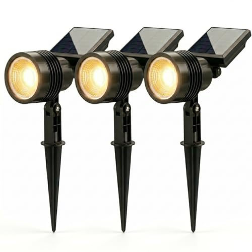 Auraglow Solar Spike Lights Set of 3, Garden Spotlights Warm White | Adjustable heads and panels, 3000K, IP44, cable free accent for flowerbeds, borders, paths and patios