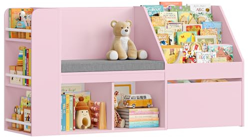 HOCSOK 125 cm barnhylla, bokhylla barn med sittbänk, MDF-platta | Leksakshylla barnhylla förvaring med lådor på hjul, hylla barnrum, 68 × 34 × 125 cm, vit/rosa