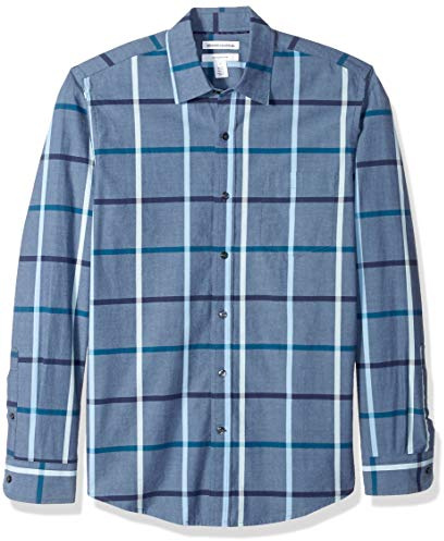 Amazon Essentials mäns Slim-Fit långärmad poplin-skjorta, denim stor pläd, X-Small