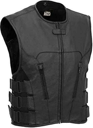 IKLeather Swat Style Leather Vest Mens Motorcycle Biker Tactical Black Stretch (5XL)